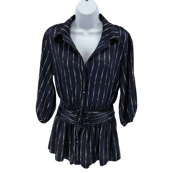 Charlotte Russe Blouse Womens L Navy Blue Polka Dot 3/4 Sleeve Peplum Waist Tie - Picture 1 of 6